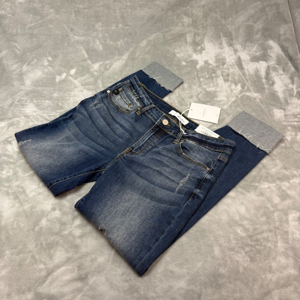 Kancan Womens Jeans Della Ankle Cuff Mid Rise Distressed Blue Denim‎ 13 30